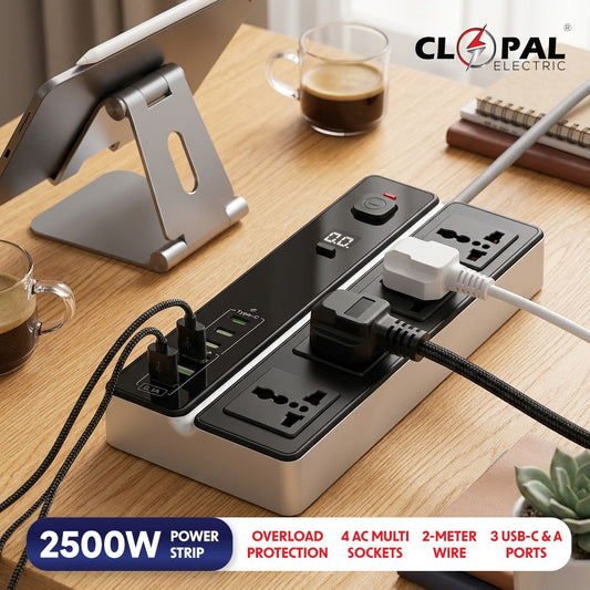 Clopal 24H Timer Extension 2500W Power Strip with 4 AC Sockets, 3 USB-C & 3 USB-A – 2M Wire | Overload Protection