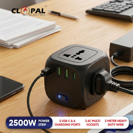 Clopal Cube Extension 2500W Power Strip with 3 AC Sockets, 2 USB-C & 2 USB-A – 2M Heavy Duty Wire