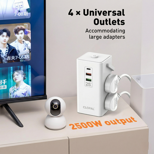 Clopal 7 in 1 2500W Tower Extension Power Socket 25W Charging Station USB Power Strip 2 Outlets 1 USB-C, 2 USB-A Port Extension Cord