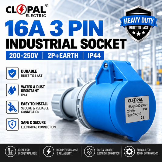Clopal 16A 3-Pin Industrial Socket – 2P+E | 200-250V | IP44 | Heavy Duty Connector
