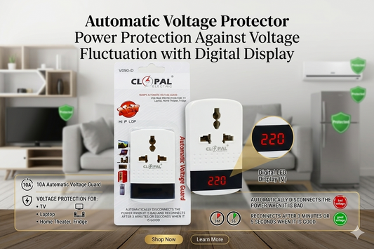 Clopal Automatic Power Protection Digital Voltage Protector – LED Display, Under Voltage 150/180V, Over Voltage 280V, Delay Time 5 Sec / 3 Minutes