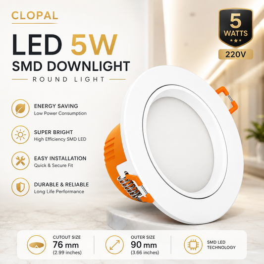 Clopal Led Light 5 watts SMD Downlight Round Light V-220 - White