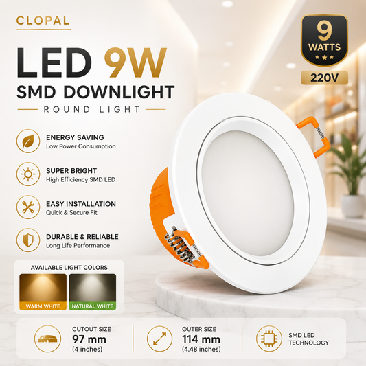 Clopal Led Light 9 watts SMD Downlight Round Light V-220 - Warm & Natural