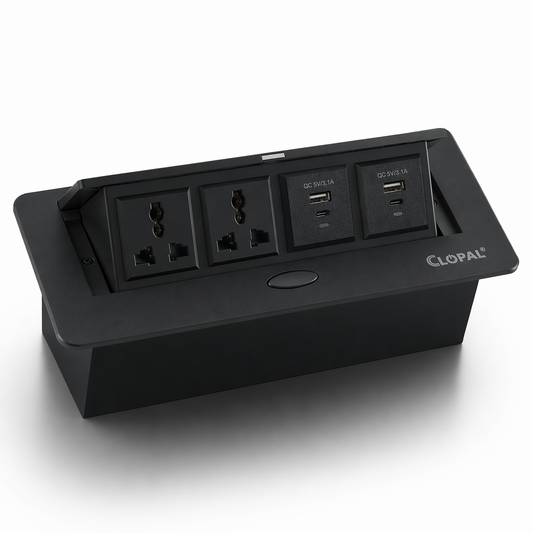 Technology Box, 2 Multi Sockets & 2 USB Charging Conference Table Connectivity Hydraulic Pop Up Power Center Box - Silver & Black