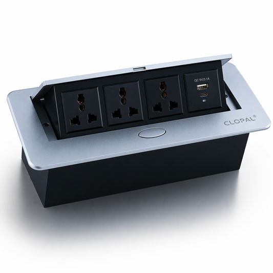 Technology Box, 3 Multi Sockets & 1 USB Charging Conference Table Connectivity Hydraulic Pop Up Power Center Box - Silver & Black