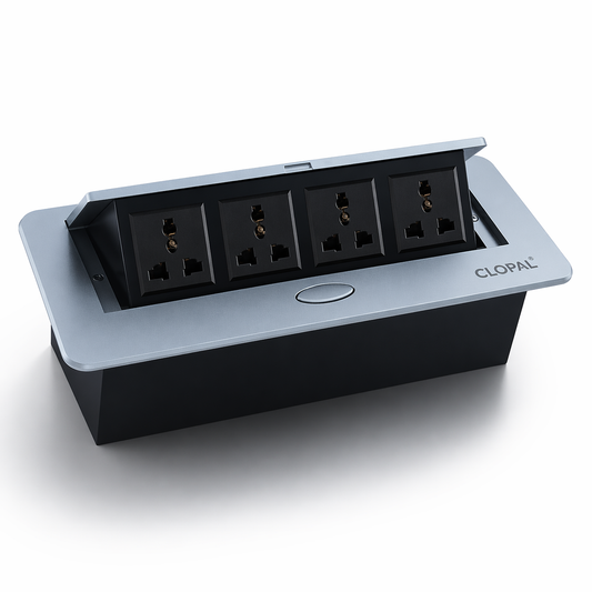 Technology Box, 4 Multi Sockets Conference Table Connectivity Hydraulic Pop Up Power Center Box - Silver & Black