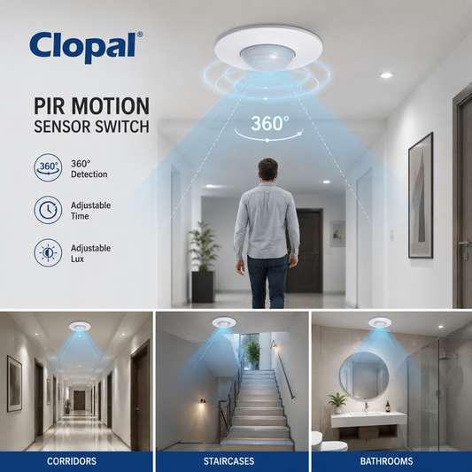 Clopal Ceiling Mounted PIR Motion Sensor Switch | 360° Motion Detector | Adjustable Time & Lux | 220-240V AC