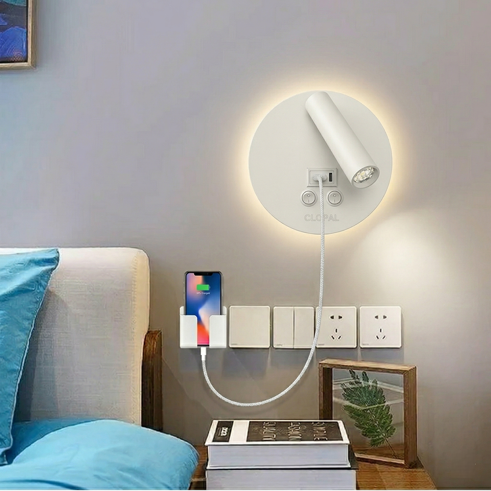 Modern bedside LED reading light with USB and Type C ports Clopal Electric