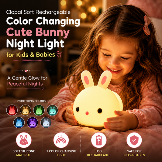 Clopal Soft Rechargeable Color Changing Cute Bunny Night Light for Kids Baby Lamp