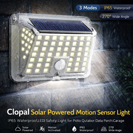 Clopal Solar Powered Motion Sensor Light with 3 Optional Modes IP 65 Waterproof 270° Wide Angle Wall Light