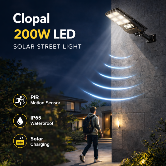 Clopal 200W LED Solar Street Light PIR Motion Sensor + Remote Controll + Solar Charging