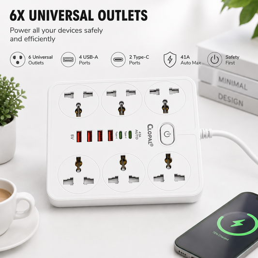 Clopal 6 Ways Multi Power Sockets with Safty Locks with 2 Type-C & 4 USB Ports Extension