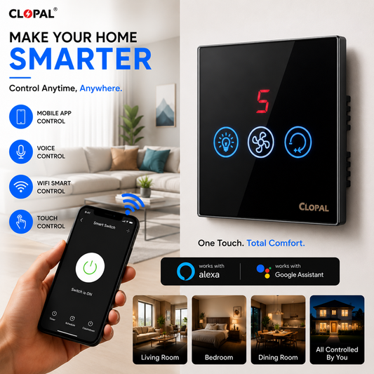 Clopal Fan Dimmer + 1 Gang Black Smart Touch WIFI Switch Series with Mobile Control, Voice Control Compatible with ALEXA, Google Assistant