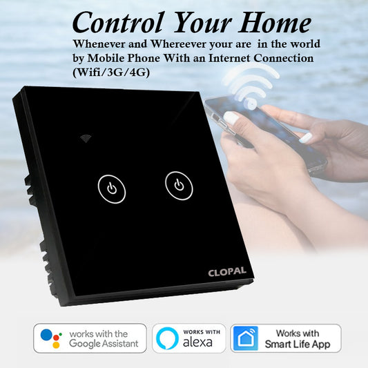 Clopal 2 Gang Black Smart Touch WIFI Switch Series with Mobile Control, Voice Control Compatible with ALEXA, Google Assistant and IFTTT