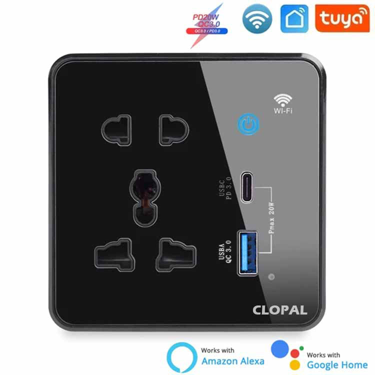 Clopal Multi Light Plug with 2 USB Black Smart Touch WIFI Switch Serie ...
