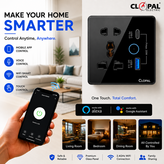 Clopal Multi Light Plug with 2 USB Black Smart Touch WIFI Switch Series with Mobile Control, Voice Control Compatible with ALEXA, Google Assistant