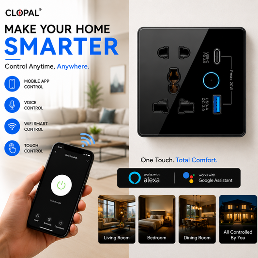 Clopal Multi Light Plug with 2 USB Black Smart Touch WIFI Switch Series with Mobile Control, Voice Control Compatible with ALEXA, Google Assistant
