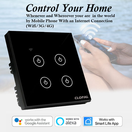 Clopal 4 Gang Black Smart Touch WIFI Switch Series with Mobile Control, Voice Control Compatible with ALEXA, Google Assistant and IFTTT