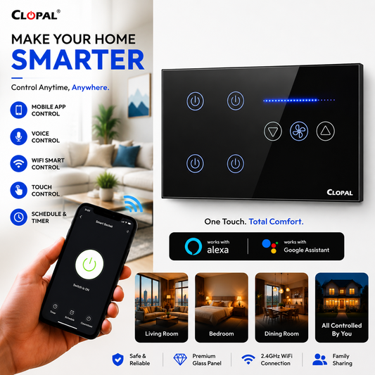 Clopal 4 Gang + Fan Dimmer Black Smart Touch WIFI Switch Series with Mobile Control, Voice Control Compatible with ALEXA, Google Assistant