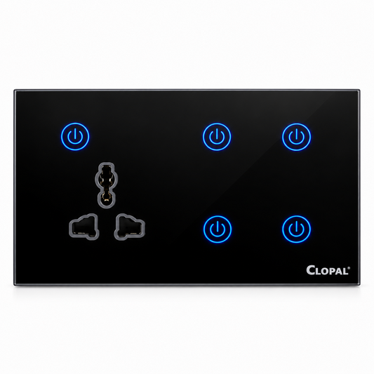 Clopal 4 Gang + Light Plug Black Smart Touch WIFI Switch Series with Mobile Control, Voice Control Compatible with ALEXA, Google Assistant