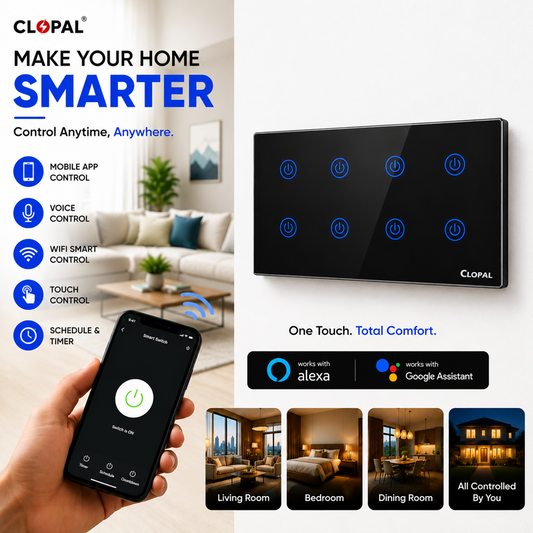 Clopal 8 Gang Black Smart Touch WIFI Switch Series with Mobile Control, Voice Control Compatible with ALEXA, Google Assistant