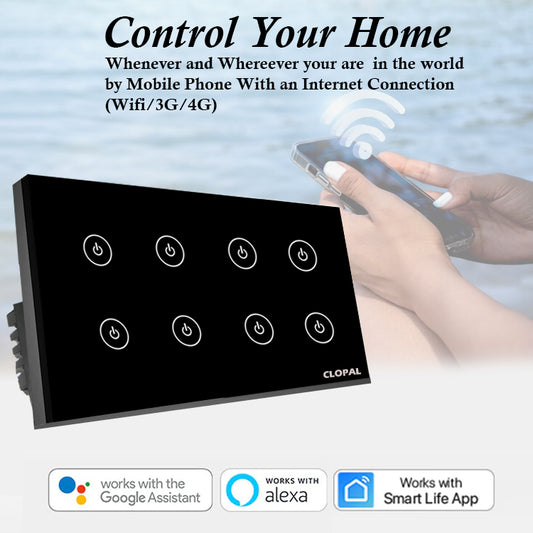 Clopal 8 Gang Black Smart Touch WIFI Switch Series with Mobile Control, Voice Control Compatible with ALEXA, Google Assistant and IFTTT