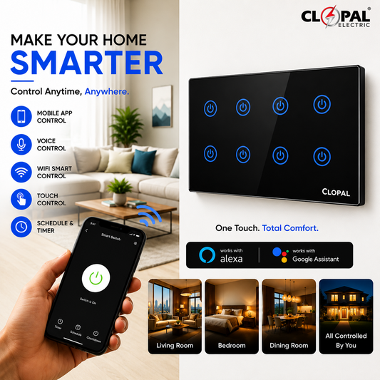 Clopal 8 Gang Black Smart Touch WIFI Switch Series with Mobile Control, Voice Control Compatible with ALEXA, Google Assistant
