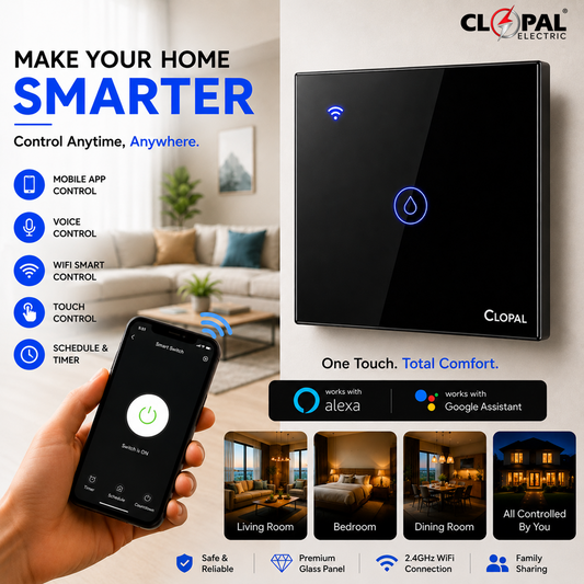 Clopal 40amp Switch Black Smart Touch WIFI Switch Series with Mobile Control, Voice Control Compatible with ALEXA, Google Assistant