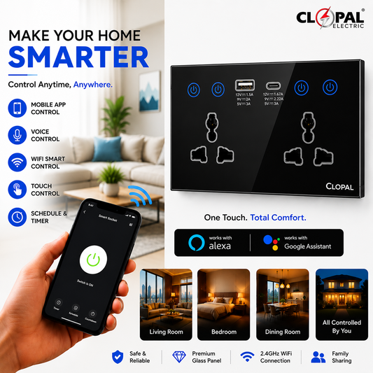 Clopal Double Multi + TypeC Black Smart Touch WIFI Switch Series with Mobile Control, Voice Control Compatible with ALEXA, Google Assistant