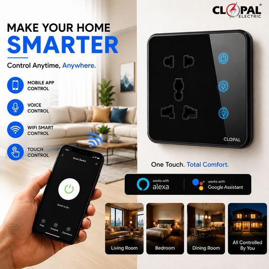 Clopal 3+1 Black Smart Touch WIFI Switch Series with Mobile Control, Voice Control Compatible with ALEXA, Google Assistant