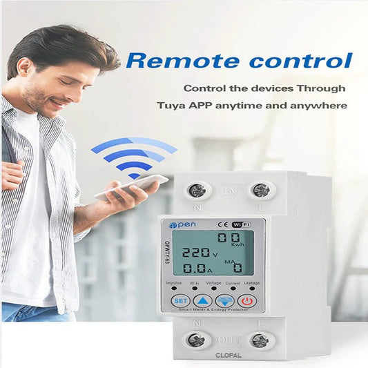 Clopal WiFi Smart 63A Circuit Earth Leakage, Over/Under Voltage Protector Relay Device with Power Consumption Monitoring