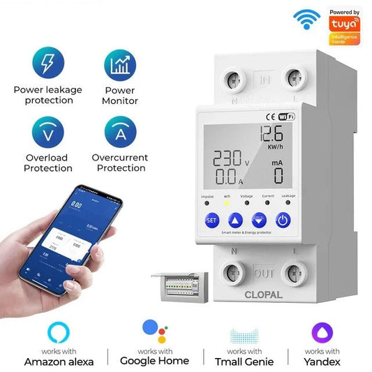 Clopal WiFi Smart 63A Circuit Earth Leakage, Over/Under Voltage Protector Relay Device with Power Consumption Monitoring