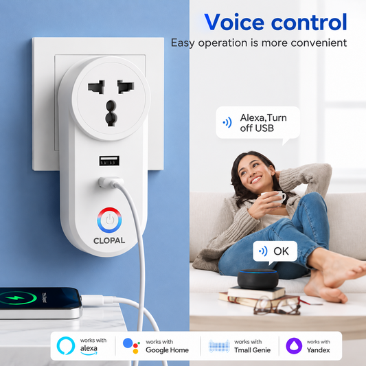 Clopal WiFi Smart Plug 3 Pin Universal Socket with Dual USB Ports – Smart Life App, Voice Control, Timer & Energy Efficient