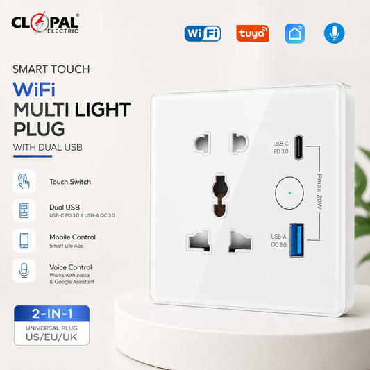 Clopal Multi Light Plug with 2 USB White Smart Touch WIFI Switch Series with Mobile Control, Voice Control Compatible with ALEXA, Google Assistant