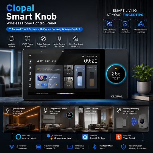 Clopal Smart Knob Wireless Home Control Panel – 6” Android Touch Screen with Zigbee Gateway & Voice Control