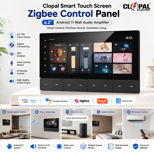 Clopal Smart Touch Screen Zigbee Control Panel – 6.2” Android 11 Wall Audio Amplifier with Alexa, IR & WiFi