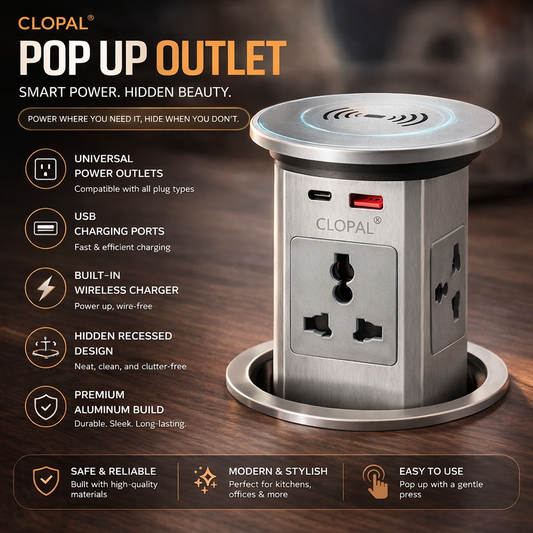 Clopal Electric Pop Up Countertop Outlet with Wireless Charger & USB Ports | Hidden Recessed Power Socket