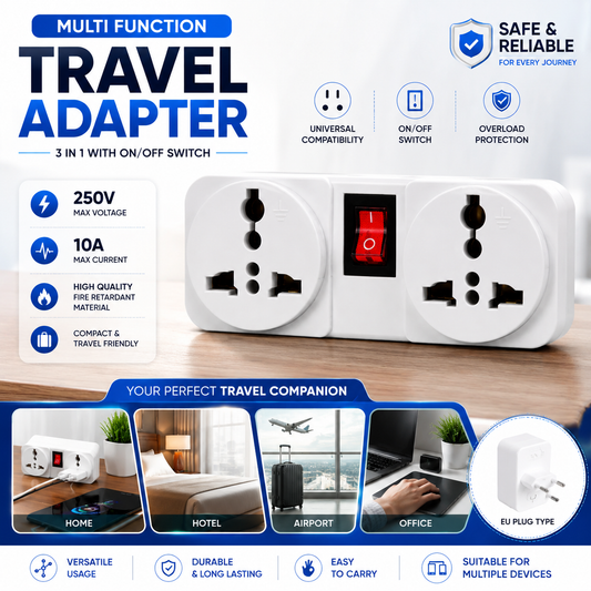 Multi Function Travel Adapter 220v EU Plug Type 3 in one with ON/OFF Switch