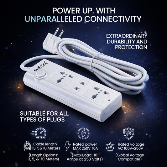 Clopal Extension Lead with 5 Mtrs Heavy Duty Copper Cable, 3 Ways Power Sockets Extension Board with Wire