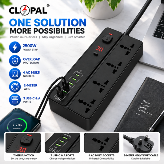 Clopal 24H Timer Extension 2500W Power Strip with 4 AC Sockets, 3 USB-C & 3 USB-A – 2M Wire | Overload Protection